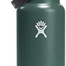 Hydro Flask 32oz Wide Mouth Bottle with Flex Straw - A dark green water bottle with a silver lid and black straw.