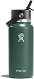 Hydro Flask 32oz Wide Mouth Bottle with Flex Straw - A dark green water bottle with a silver lid and black straw.