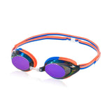 Speedo Jr. Vanquisher 2.0 Mirrored Swim Goggle - A pair of mirrored swim goggles with a sleek, modern design and purple lenses.