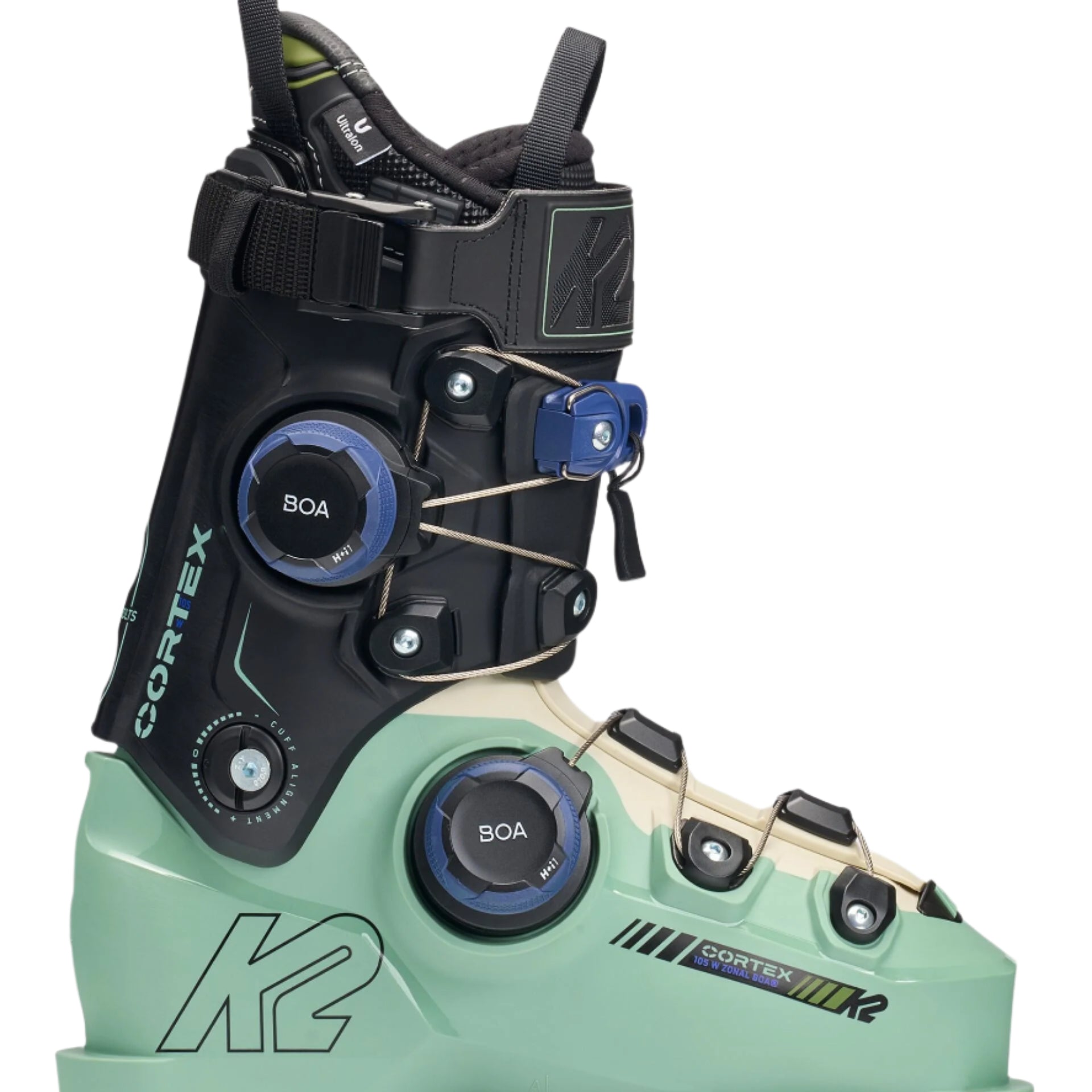 K2 Cortex 105 Zonal Boa ski boots feature a green and black color scheme with a visible Boa dial.