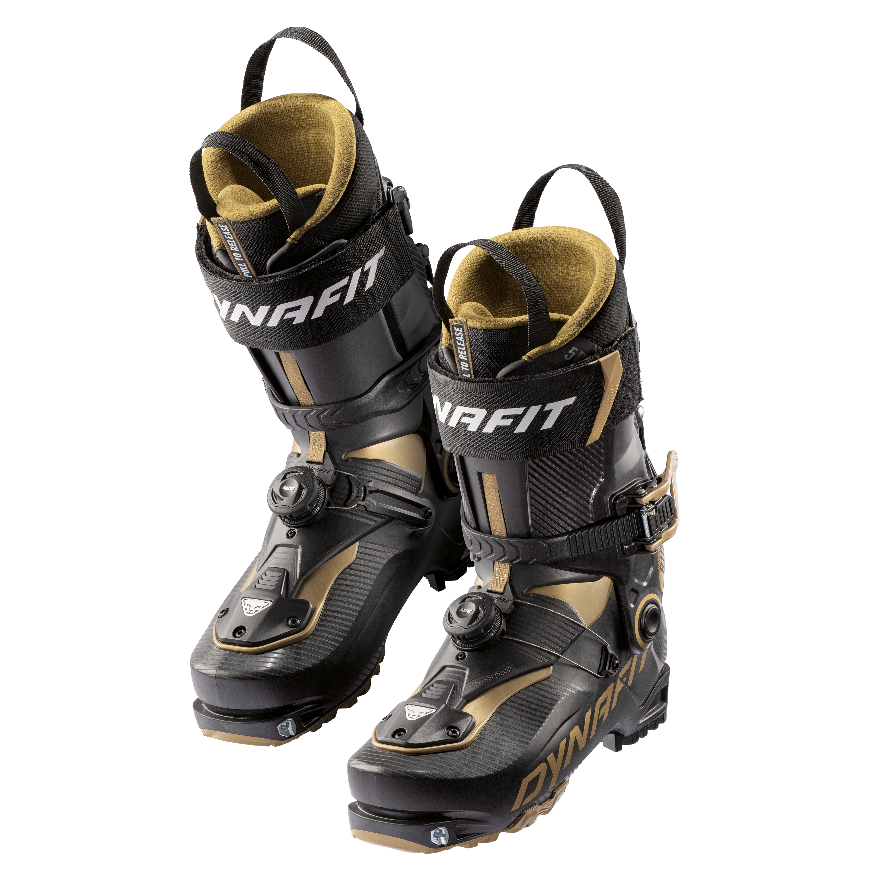 Dynafit Ridge Pro 120 Alpine Touring Boot - Black boot with tan accents and a white logo on top of the tongue.