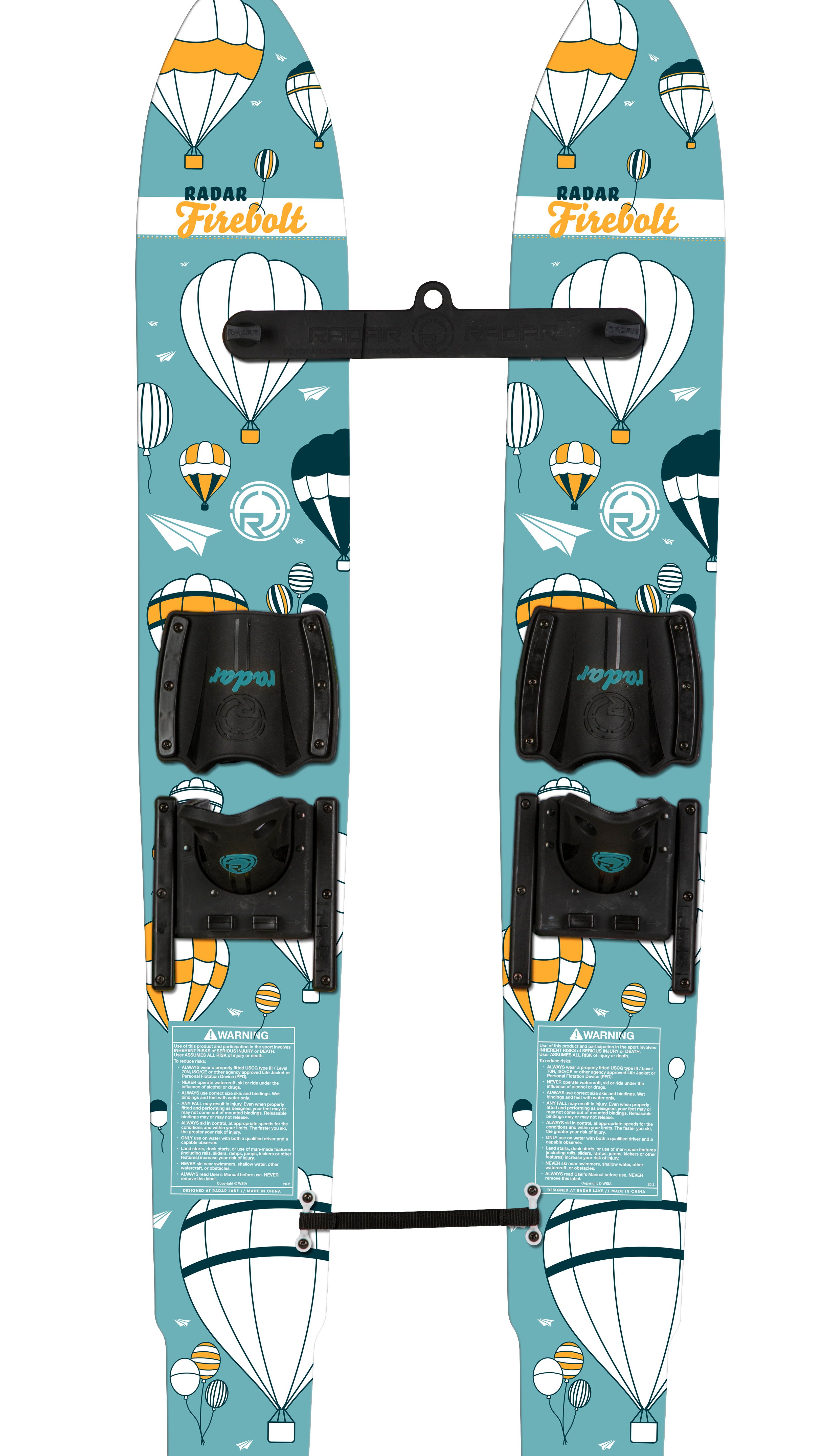 Radar Firebolt Jr Combo Water Skis 2024 - White water skis with yellow and black accents, featuring a geometric pattern on top.