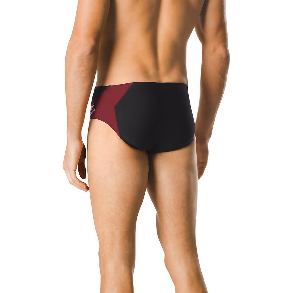 Speedo Spark Splice Brief Swimsuit - A red, black, and white swimsuit with a geometric pattern on the front.