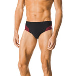 Speedo Spark Splice Brief Swimsuit - A black brief swimsuit with a red and white geometric pattern on the front.