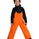 Obermeyer Junior's Volt Insulated Pant 2025 - A pair of bright orange snow pants with a black zipper and adjustable straps on the waist.