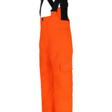 Obermeyer Junior's Volt Insulated Pant 2025 - A pair of bright orange insulated ski pants with adjustable straps and a zippered pocket on the thigh.