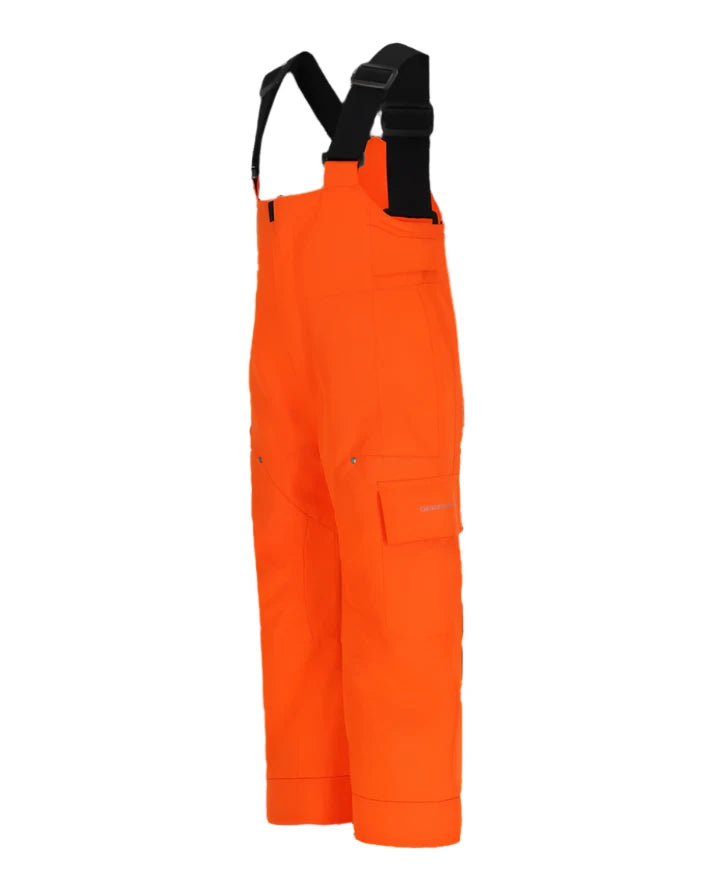 Obermeyer Junior's Volt Insulated Pant 2025 - A pair of bright orange insulated ski pants with adjustable straps and a zippered pocket on the thigh.