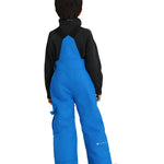 Obermeyer Junior's Volt Insulated Pant 2025 - A pair of bright blue snow pants with a black logo on the left leg and a white zipper pull.