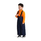 Obermeyer Junior's Volt Insulated Pant 2025 - A pair of navy insulated ski pants with a white logo on the left leg and adjustable straps at the waist.