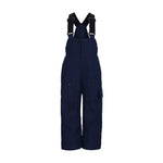Obermeyer Junior's Volt Insulated Pant 2025 - Dark blue insulated ski pants with a black logo on the left leg and adjustable straps at the waist.