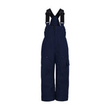 Obermeyer Junior's Volt Insulated Pant 2025 - Dark blue insulated ski pants with a black logo on the left leg and adjustable straps at the waist.