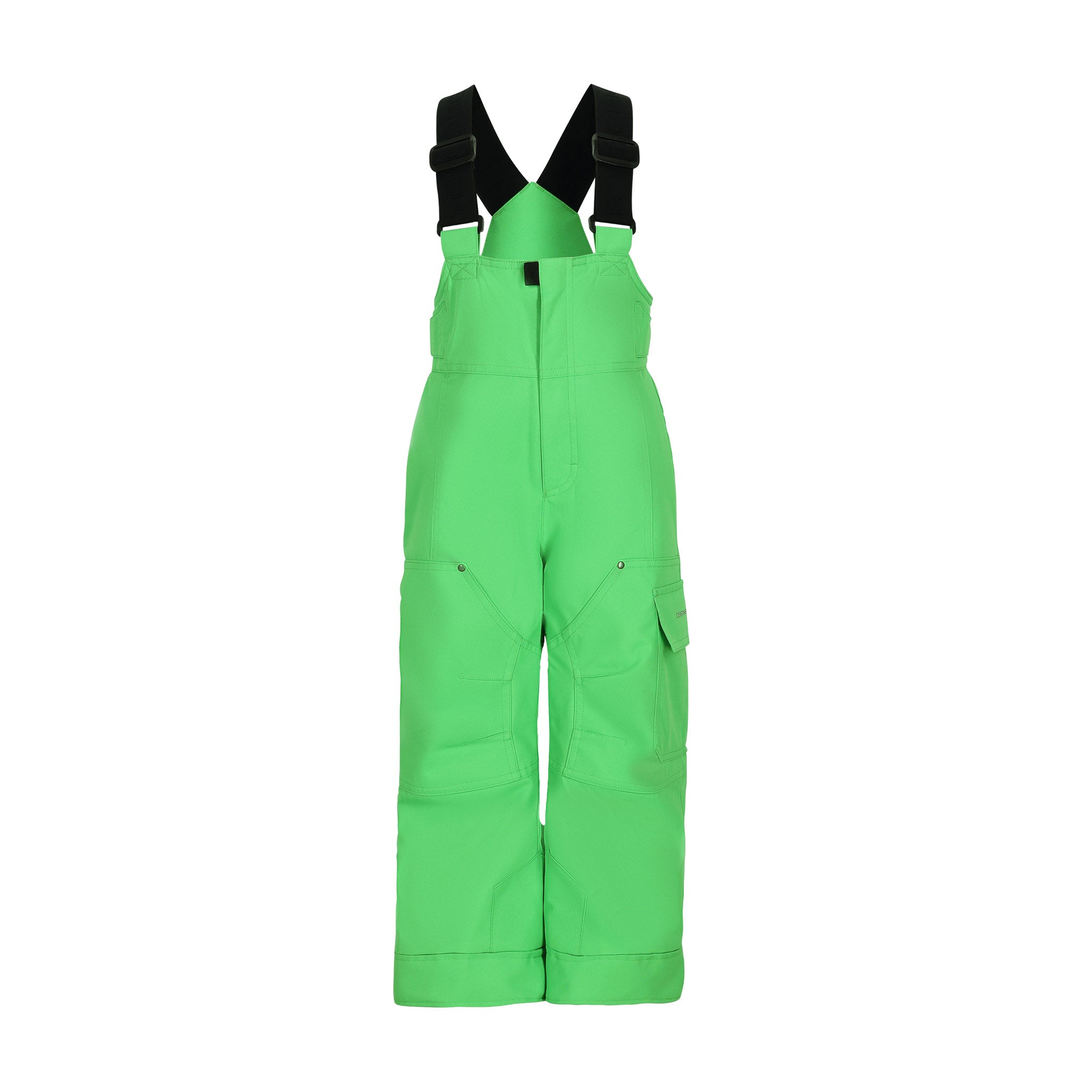 Obermeyer Junior's Volt Insulated Pant 2025 - Bright green insulated ski pants with adjustable straps and zippered pockets.