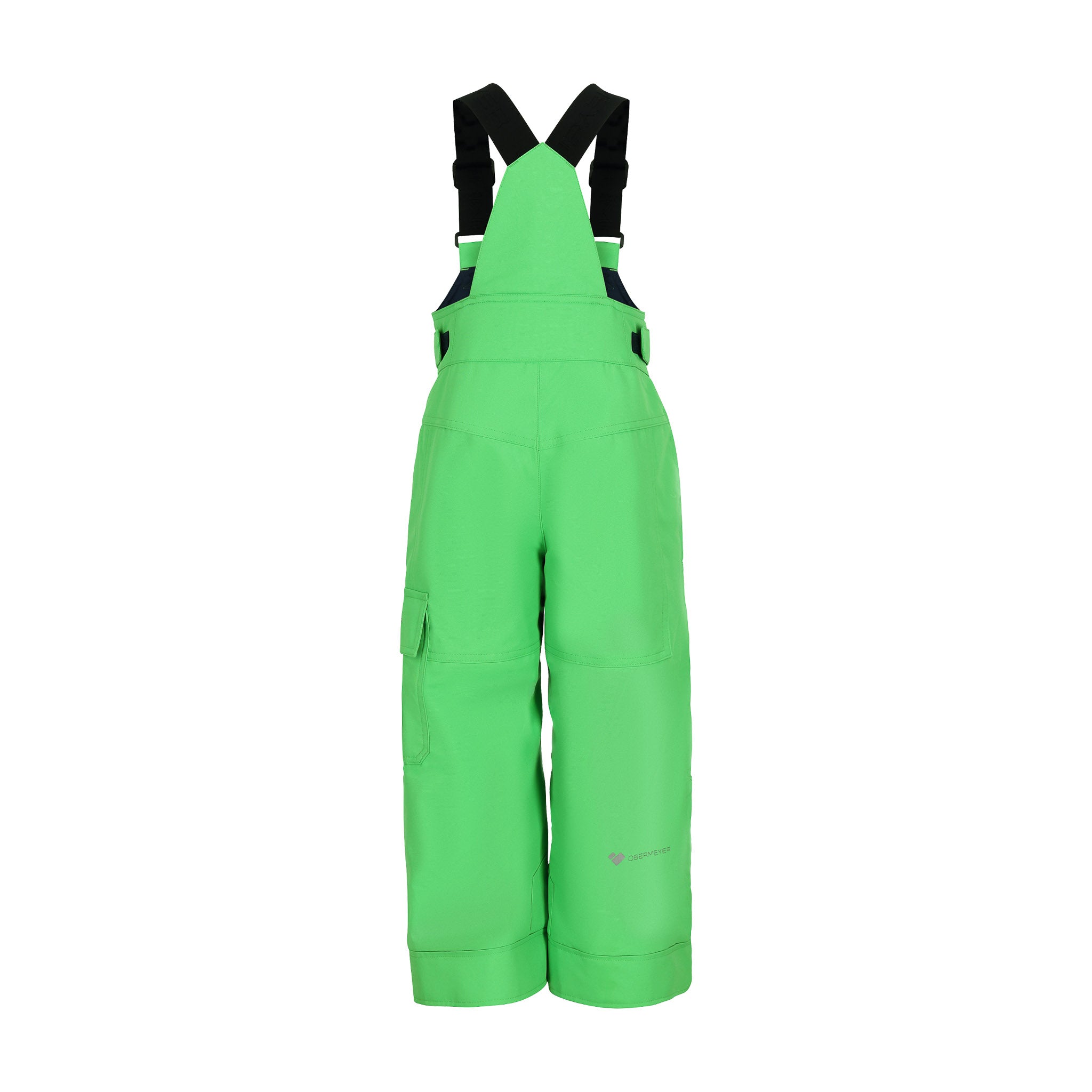 Obermeyer Junior's Volt Insulated Pant 2025 - Bright green insulated ski pants with a black logo on the left leg and adjustable straps at the waist.