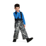 Obermeyer Junior's Warp Insulated Bib Pant 2025 - A pair of black and grey snow pants with a repeating pattern of trees, mountains, and animals in white and light grey.