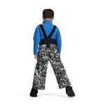 Obermeyer Junior's Warp Insulated Bib Pant 2025 - Black bib pant with a repeating pattern of white snowflakes and trees, featuring black suspenders.