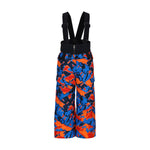 Obermeyer Junior's Warp Insulated Bib Pant 2025 - A pair of blue and orange snow pants with a camouflage pattern, featuring black straps and buckles.