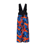 Obermeyer Junior's Warp Insulated Bib Pant 2025 - A pair of blue and orange snow pants with a camouflage pattern, featuring black straps and buckles.