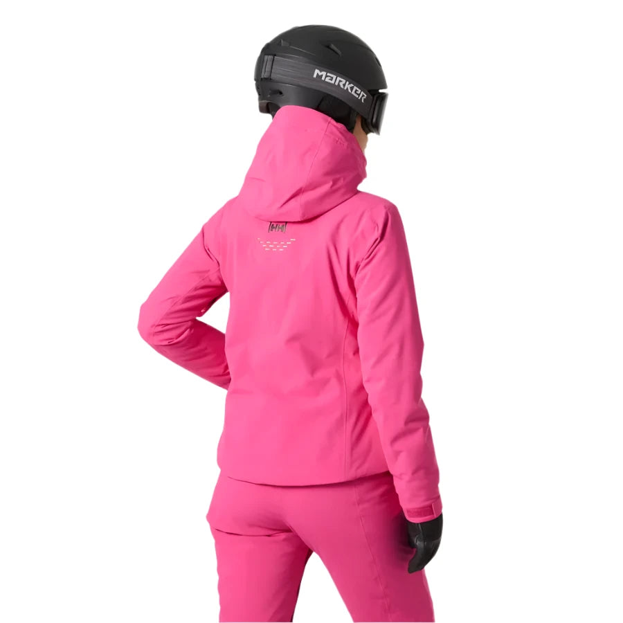 Helly Hansen Women's Alphelia Lifaloft Jacket 2025 - A bright pink jacket with a hood and white stitching on the back.
