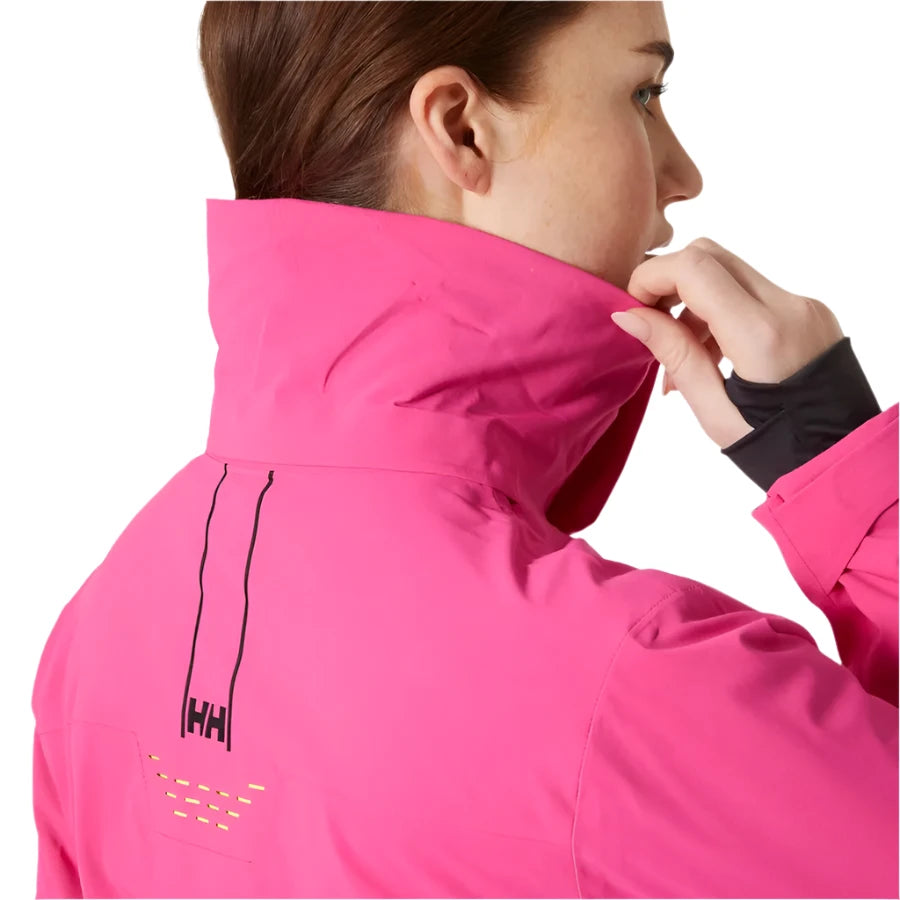 Helly Hansen Women's Alphelia Lifaloft Jacket - A bright pink jacket with a high collar and black zipper on the left side of the chest.