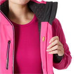 Helly Hansen Women's Alphelia Lifaloft Jacket - A woman wearing a pink jacket with black accents and a quilted pattern on the hood.