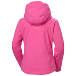 Helly Hansen Women's Alphelia Lifaloft Jacket 2025 - A bright pink jacket with a hood, featuring yellow stitching on the back and a zippered pocket on the left side.