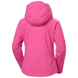 Helly Hansen Women's Alphelia Lifaloft Jacket 2025 - A bright pink jacket with a hood, featuring yellow stitching on the back and a zippered pocket on the left side.