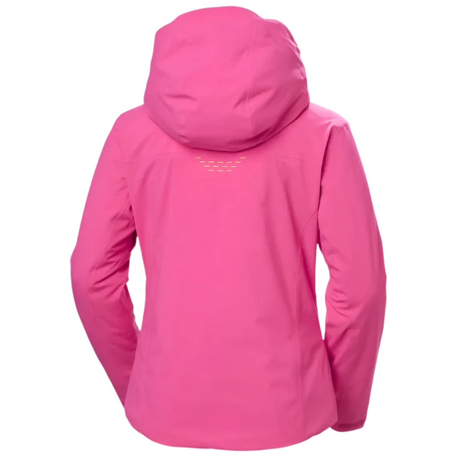 Helly Hansen Women's Alphelia Lifaloft Jacket 2025 - A bright pink jacket with a hood, featuring yellow stitching on the back and a zippered pocket on the left side.