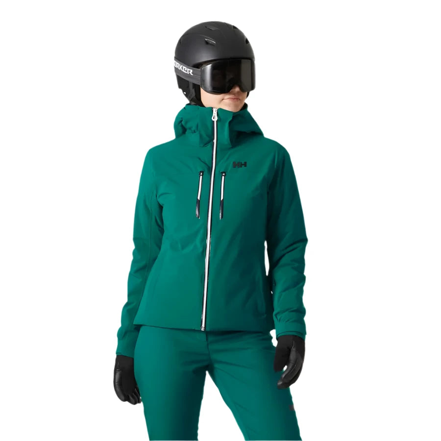 Helly Hansen Women's Alphelia Lifaloft Jacket 2025 - A dark green jacket with a hood and two zippered pockets on the front.