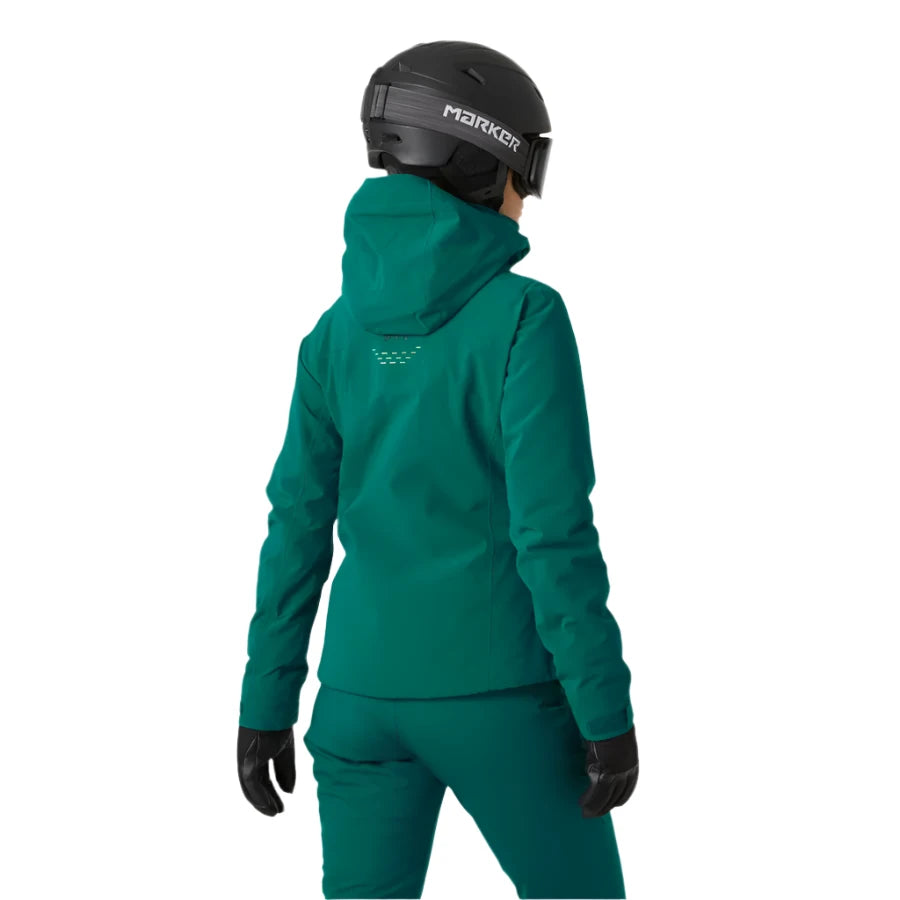 Helly Hansen Women's Alphelia Lifaloft Jacket 2025 - A dark green jacket with a hood and zippered pockets, featuring a pattern of small white dots on the back.
