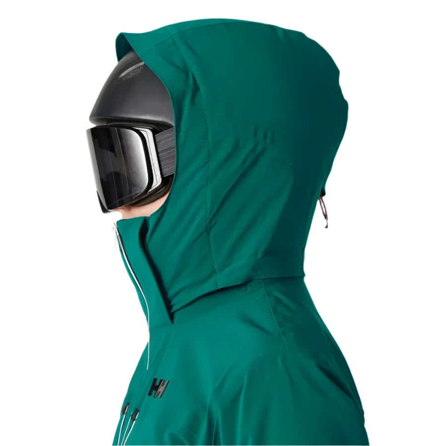 Helly Hansen Women's Alphelia Lifaloft Jacket 2025 - A dark green jacket with a hood and zippered pockets, featuring a black zipper and silver hardware.