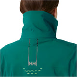 Helly Hansen Women's Alphelia Lifaloft Jacket 2025 - A dark green jacket with a hood and zip closure, featuring a logo on the back in light gray.