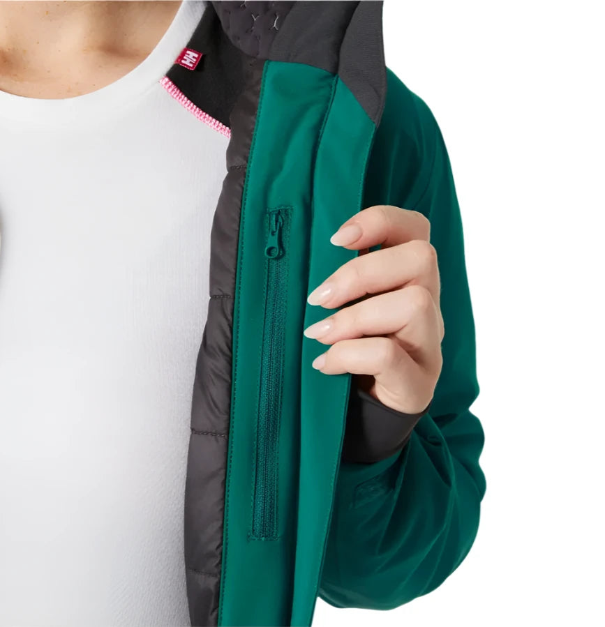 Helly Hansen Women's Alphelia Lifaloft Jacket 2025 - A black jacket with a pink zipper and white logo on the left chest.