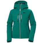 Helly Hansen Women's Alphelia Lifaloft Jacket 2025 - A dark green jacket with a hood, zippered pockets and a white zipper.