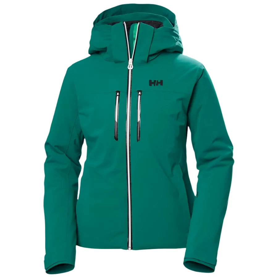 Helly Hansen Women's Alphelia Lifaloft Jacket 2025 - A dark green jacket with a hood, zippered pockets and a white zipper.