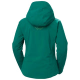Helly Hansen Women's Alphelia Lifaloft Jacket 2025 - A dark green jacket with a hood and zip closure, featuring a pattern of small white dots on the chest area.