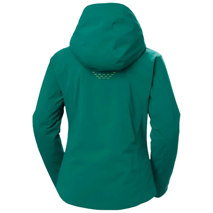 Helly Hansen Women's Alphelia Lifaloft Jacket 2025 - A dark green jacket with a hood and zip closure, featuring a pattern of small white dots on the chest area.