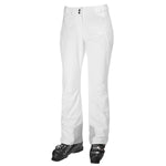 Helly Hansen Women's Legendary Insulated Pant 2025 - A pair of white ski pants with two black buttons on the waistband, featuring a zippered pocket on the right thigh and a small logo patch on the left leg.