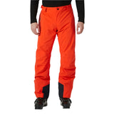 Hally Hansen Men's Legendary Insulated Pant - A pair of bright orange snow pants with a black zipper on the left leg, featuring a subtle black stripe pattern and a black button at the waistband.