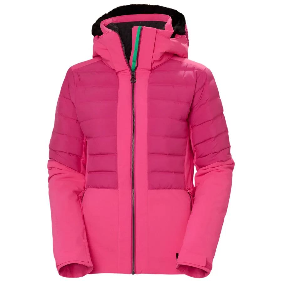 Helly Hansen Women's Avanti Insulated Jacket - A bright pink jacket with a black zipper and a green pull tab, featuring horizontal quilting on the torso.