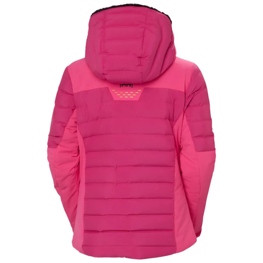 Helly Hansen Women's Avanti Insulated Jacket - A bright pink jacket with a hood, featuring a black zipper and two zippered pockets on either side.