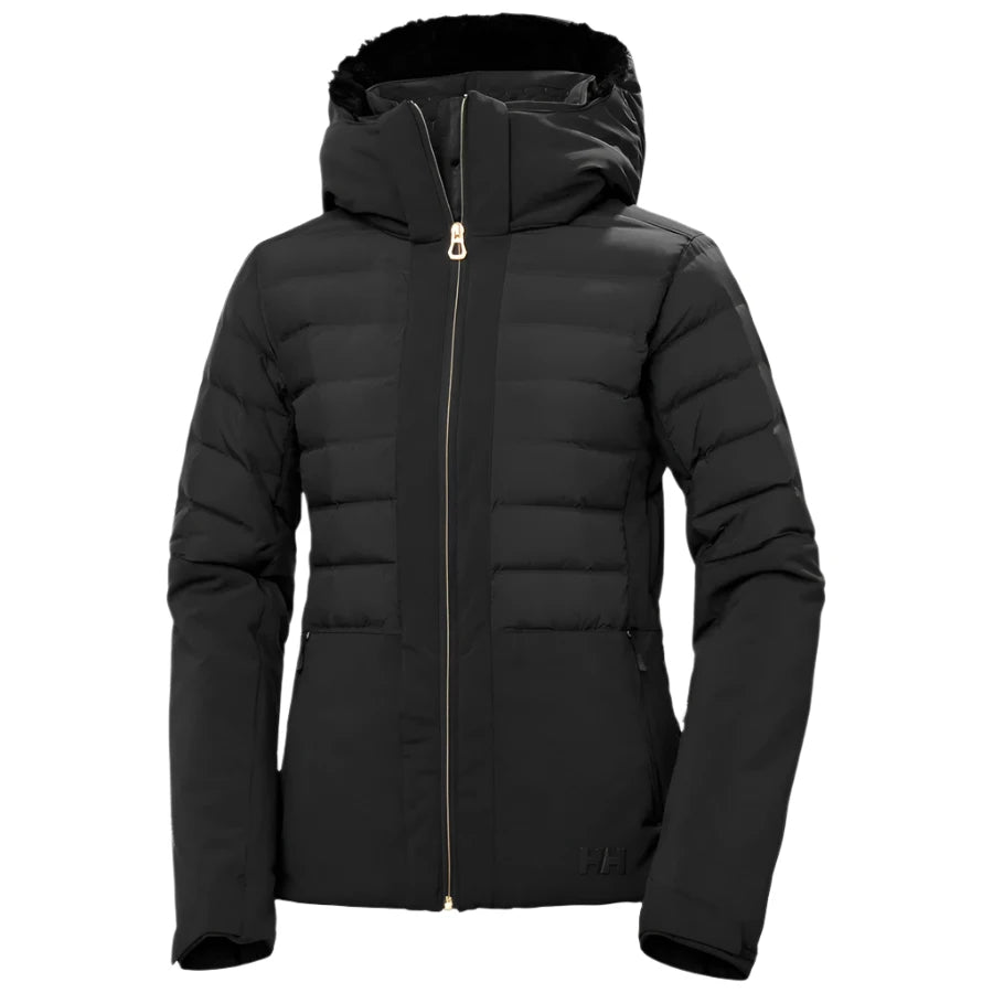 Helly Hansen Women's Avanti Insulated Jacket - A black insulated jacket with a zippered front and hood, featuring a fur-lined collar.