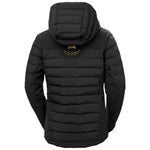 Helly Hansen Women's Avanti Insulated Jacket 2025 - A black insulated jacket with a hood, featuring yellow accents and a zippered front.