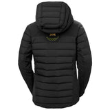 Helly Hansen Women's Avanti Insulated Jacket 2025 - A black insulated jacket with a hood, featuring yellow accents and a zippered front.
