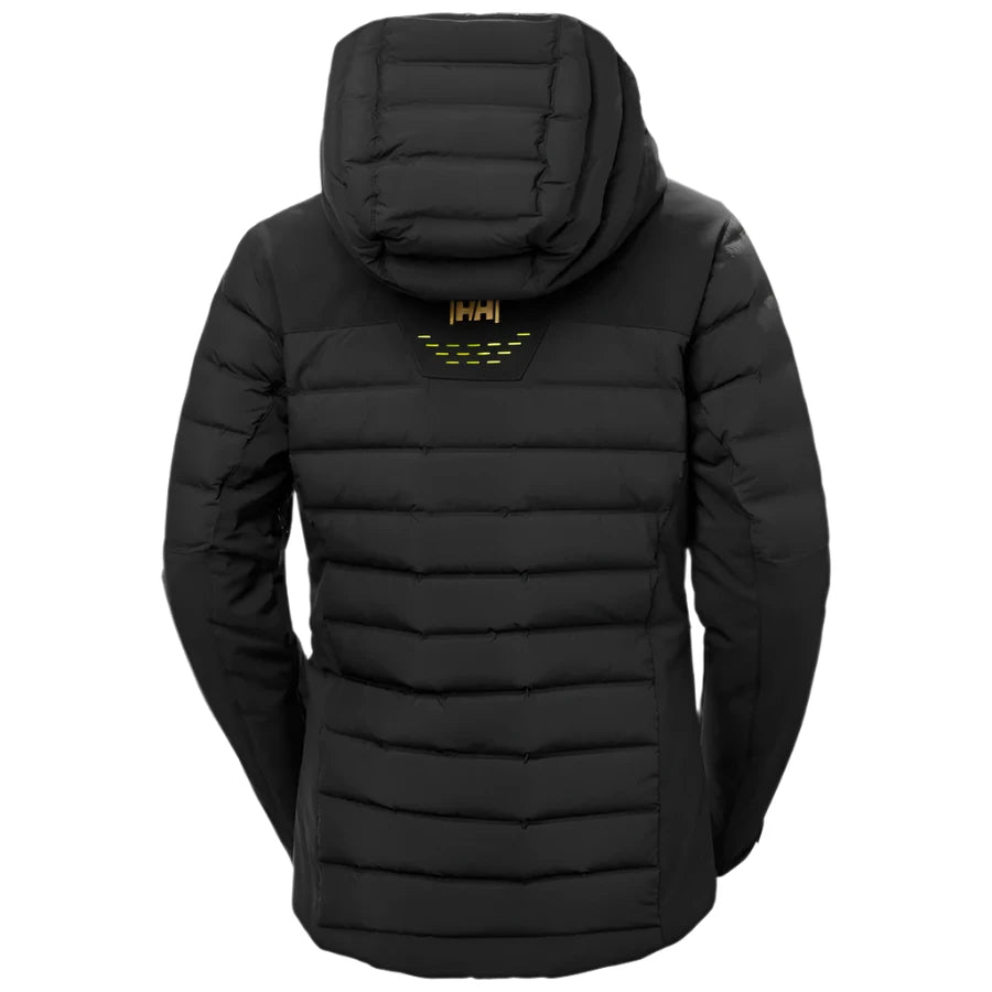 Helly Hansen Women's Avanti Insulated Jacket 2025 - A black insulated jacket with a hood, featuring yellow accents and a zippered front.