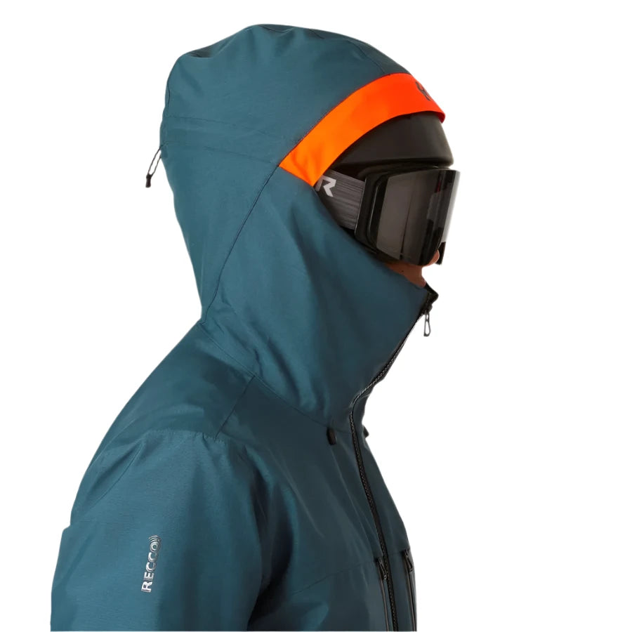Helly Hansen Garbaldi 2.0 Insulated Jacket - A dark teal jacket with a hood, featuring an orange stripe on the upper back and a zippered chest pocket.