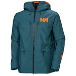 Helly Hansen Garbaldi 2.0 Insulated Jacket - A dark teal jacket with a hood, featuring two zippered pockets on the front and an orange logo on the left chest.