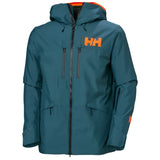 Helly Hansen Garbaldi 2.0 Insulated Jacket - A dark teal jacket with a hood, featuring two zippered pockets on the front and an orange logo on the left chest.