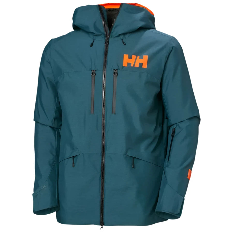 Helly Hansen Garbaldi 2.0 Insulated Jacket - A dark teal jacket with a hood, featuring two zippered pockets on the front and an orange logo on the left chest.