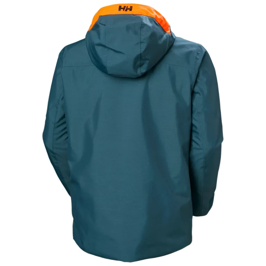 Helly Hansen Garbaldi 2.0 Insulated Jacket - A dark blue jacket with a hood, featuring an orange logo on the upper back and black zippers.