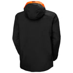 Helly Hansen Garbaldi 2.0 Insulated Jacket - A black insulated jacket with a hood and orange accents on the shoulders, collar, and chest zipper.